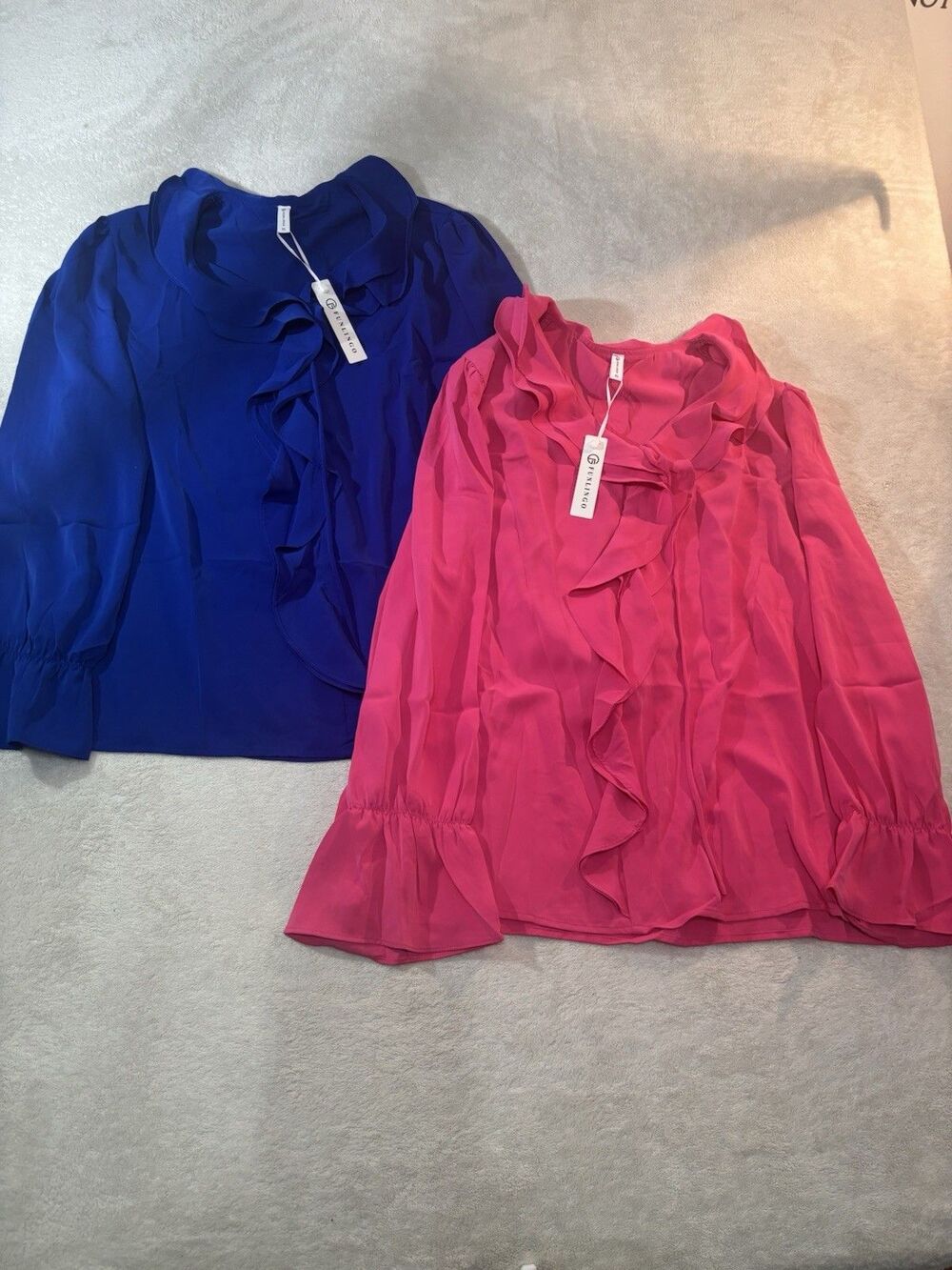 NEW Set Of 2 Going Out Ruffle Blouses  XL Polyester V-neck Royal  Blue Hot Pink